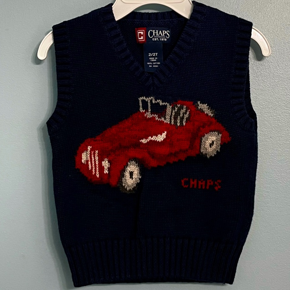 Chaps Boys 2T Navy Blue Red Antique Car Sweater Vest